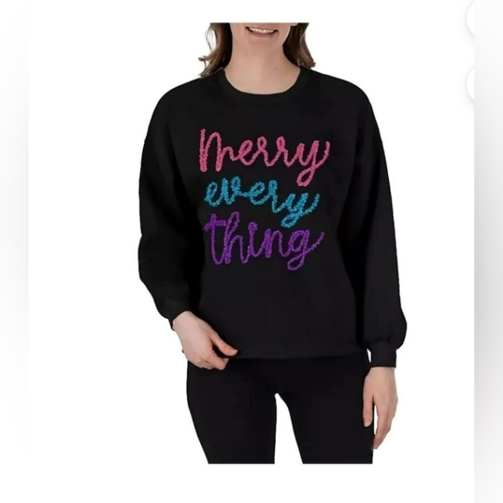 State of Mine Women's Sparkle Christmas Merry Everything Sweatshirt in Black
